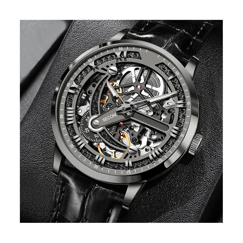 Custom Stainless Steel Case All Skeleton Flywheel Second Plate Men Automatic Mechanical Watches 