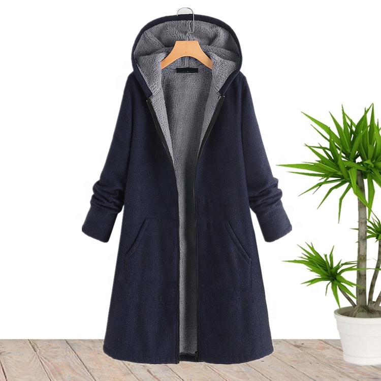 Wholesale Solid Color Full Sleeve Plus Szie Hooded Long Ladies Winter Warm Coat 2022 