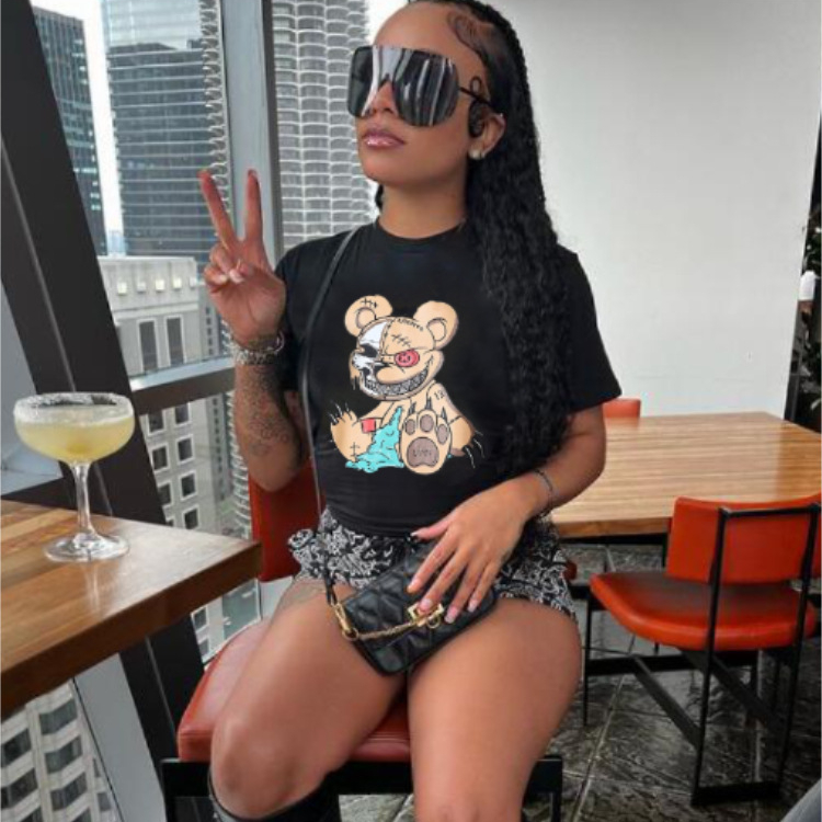 Peeqi 2237 Women Summer 2023 Short Sleeve Oversized T-shirt Designer Bear Printed Crop Tops Plus Size Women's T-shirts 