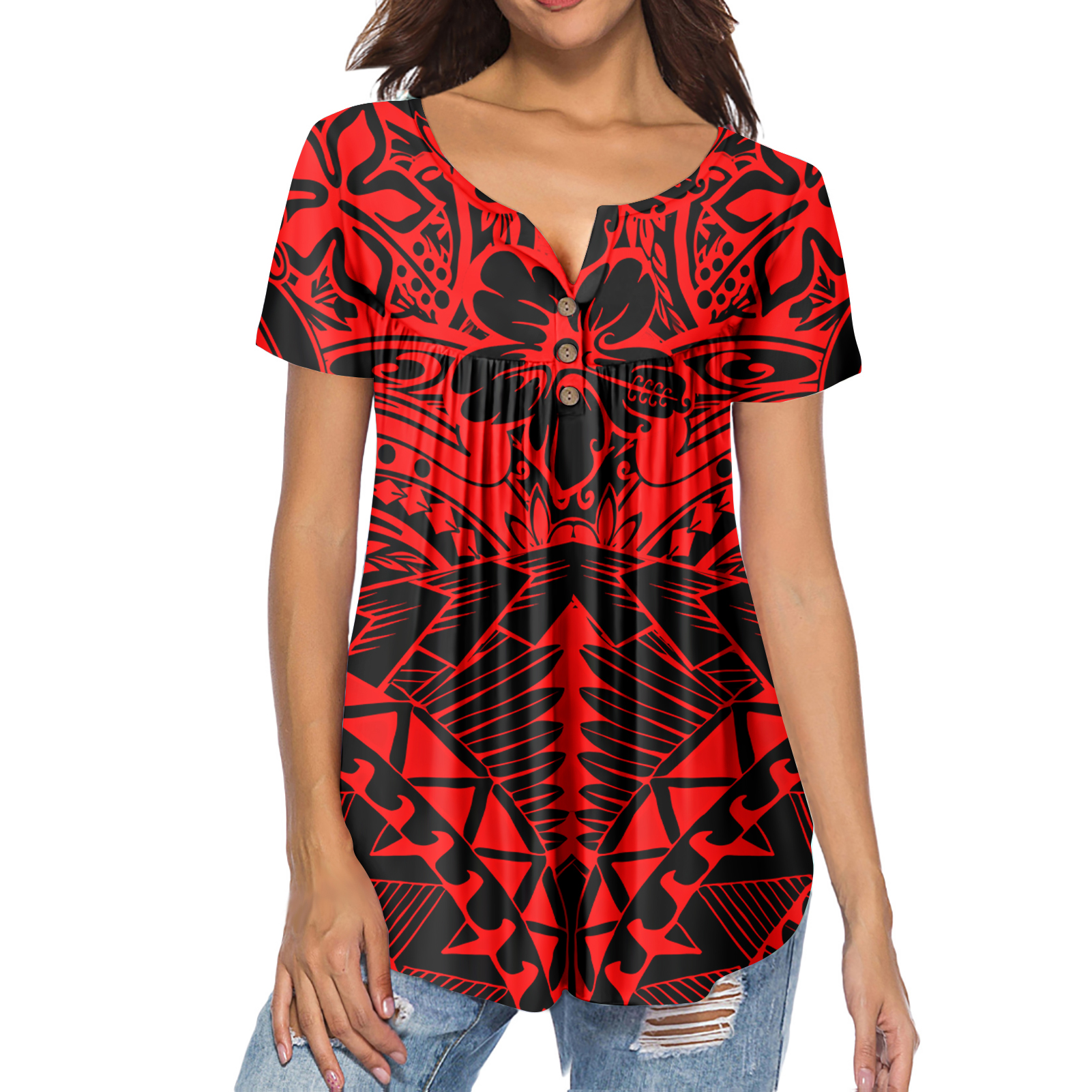 Wholesale Samoan Style Polynesian Tribal Women Short Sleeve Floral Printed Shirts Custom Red/green Color Women Summer T-shirts 