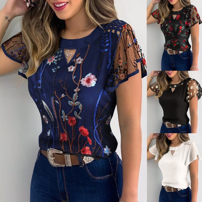 Wholesale New Women Girls Flowers Embroidery O-neck Short Ruffle Sleeve Mesh Hollow Out Shirts Solid Color Slim Casual T-shirt 