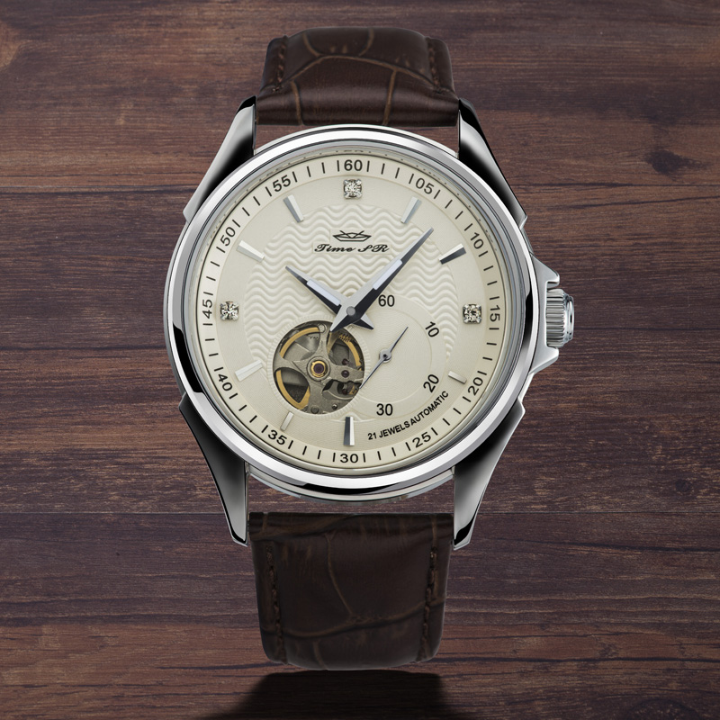 Mens Style Steel Watch Case Leather Strap Luxury Automatic Mechanical Watch 