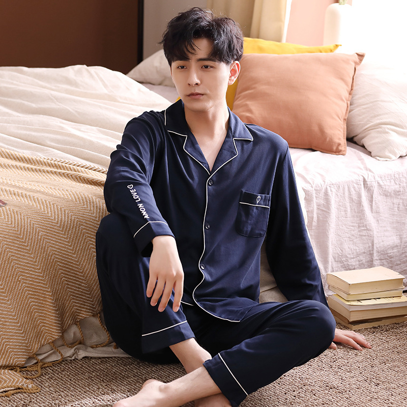2201 Wholesale Mens Pyjamas 100% Cotton Pajamas For Men Long Sleeve Two Piece Pajama Set Top &amp; Pants Men&#39;s Sleep Wear 