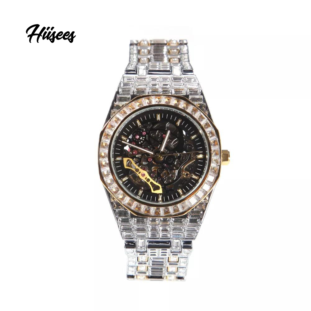Hip Hop Luxury Designer Watches Silver Black Gold Mechanical Watches Full Iced Out Baguette Cubic Zirconia Wrist Watch High Qual 