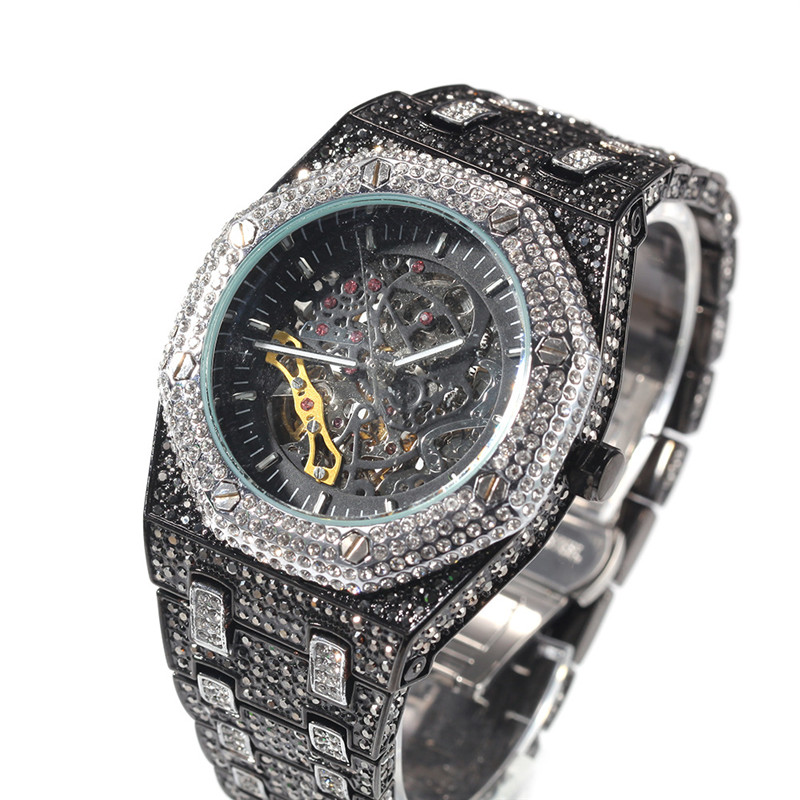 Luxury Hip Hop Waterproof Hollow Mechanical Watch Bling Iced Out Full Rhinestone Jewelry For Men Women Reloj Joyas 