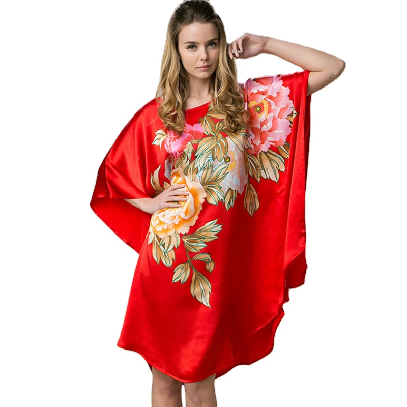 Women's Home Wear New Silk Clothing Red Print Sleepwear Tshirt Night Dress Short Sleeve Pajamas Nightgown 