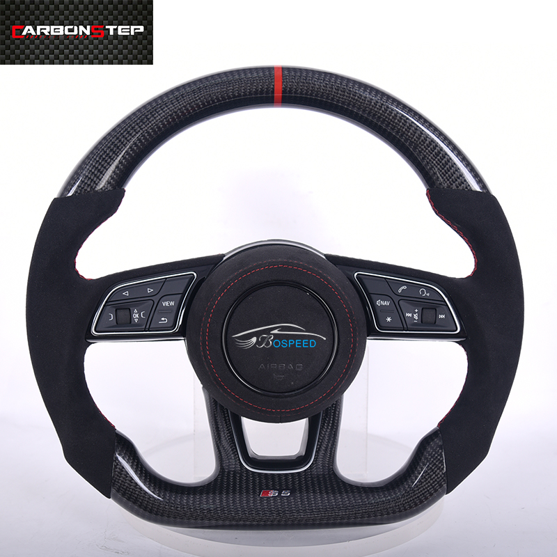 Flat Bottom Red Top Center Mark Carbon Fiber Black Leather Steering Wheel For Audi A3 A4 