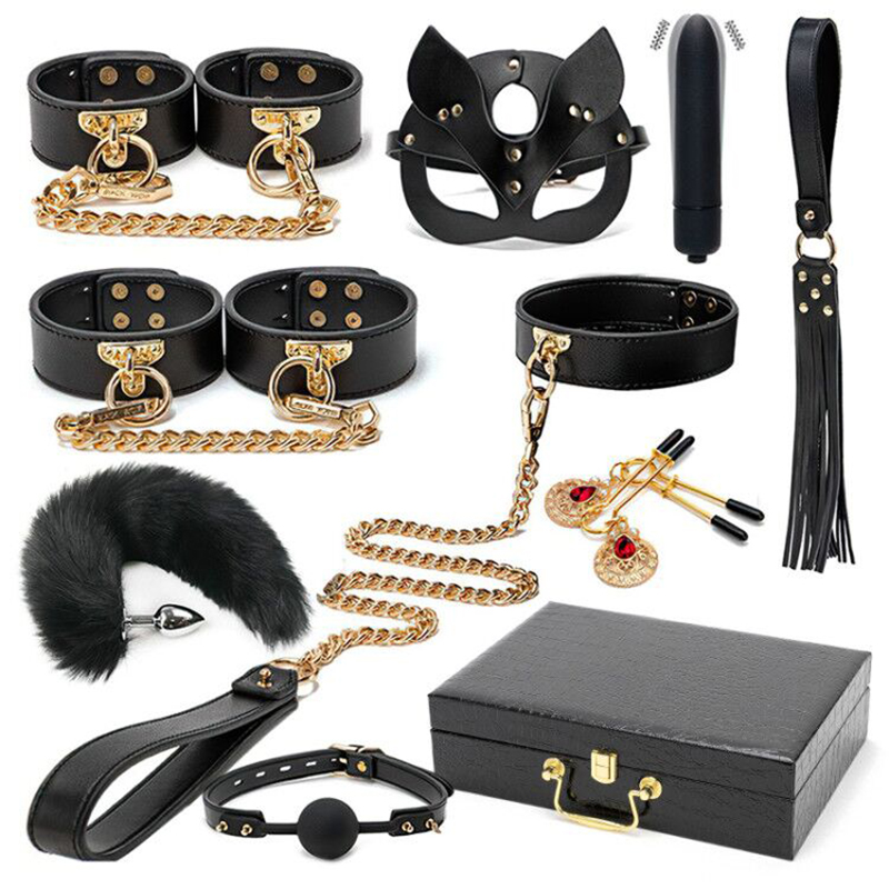 BDSM Bondage Kits Genuine Leather Restraint Set Handcuffs Collar Gag Vibrators Sex Toys for Women Couples Adult Games