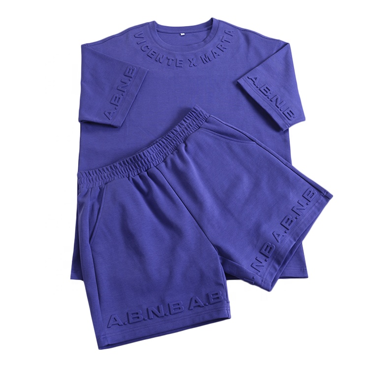 Finch Garment Custom Embossed Short Sets Men&#39;s Tracksuits Summer Cotton T Shirt And Shorts Set 2 Piece Men Sets