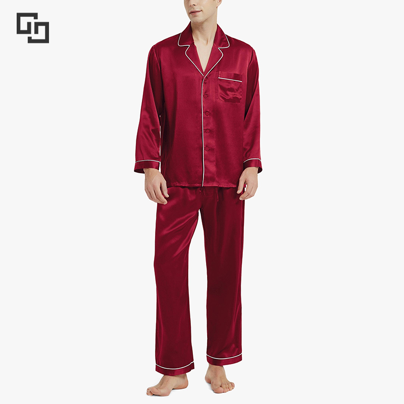 Odm Oem High Quality Long Luxury Men 100% Silk Sleepwear Two Pieces Silk Pajamas 
