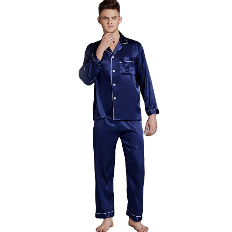 Classic Silk Button Down Sleepwear Man&#39;s 2 Piece Long Sleeve Pajama Pants Set Spring Autumn Casual Wear 