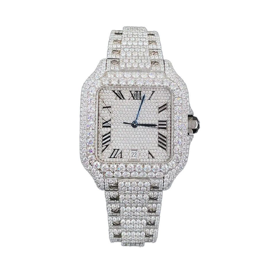 Men's Luxury Fully Iced Out Moissanite Diamond Watch with D VVS Studded Mechanical Dial Display Diamond Tester Check