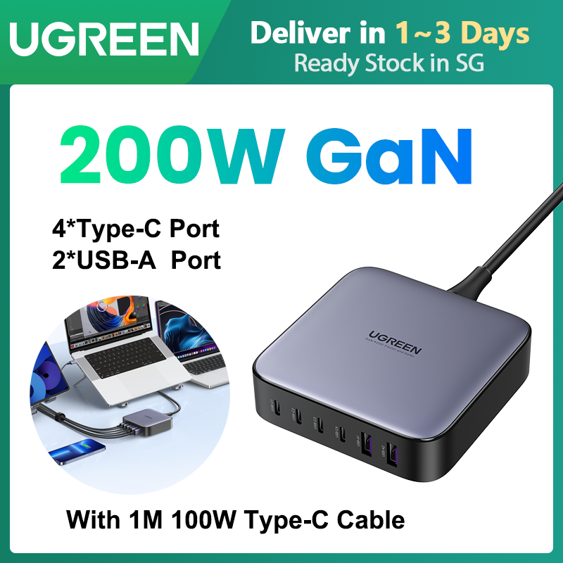 【Local Delivery】UGREEN 200W GaN 6-Port Fast Charger 4C2A 4Type-C 2USB-A Charger for Laptop Power Adapter MacBook Pro/Air, Dell XPS, iPad Mini/Pro, iPhone 14 13 Pro Max iPhone 14 Plus iPhone 12 11 Pro 