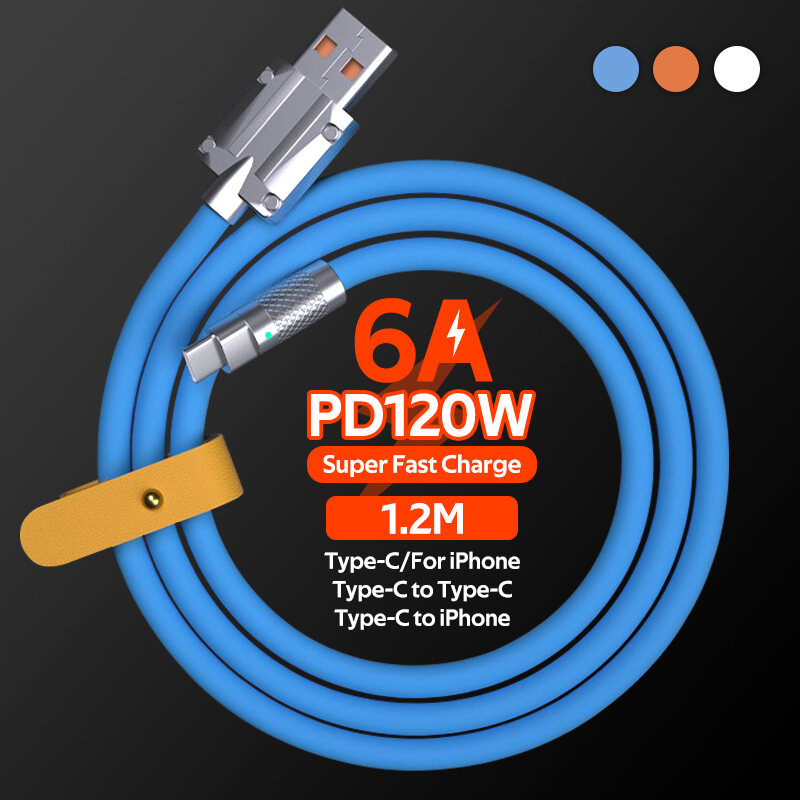 6A Super Fast Charging 1.2M PD 120w Liquid Silicone LED Light Type C To Type C To I-phone USB Type C Fast Charging Cable For iPhone 14 Huawei OPPO Vivo Support Data Sync Xiaomi Redmi