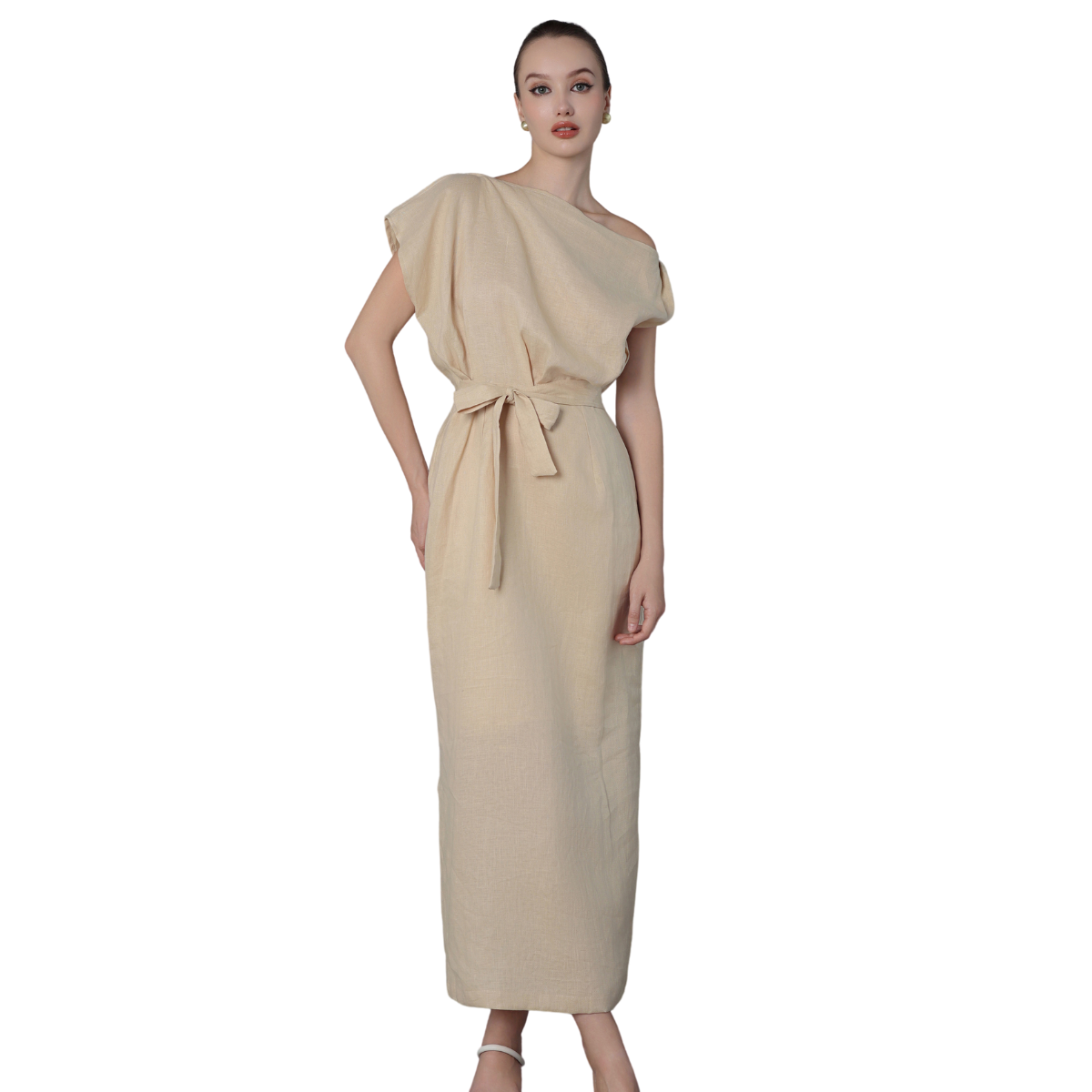 Dress Women 100% Linen Dress Clothes Natural for Women Wholesale OEM ODM Off Shoulder Midi Fashionable Vietnam High Quality