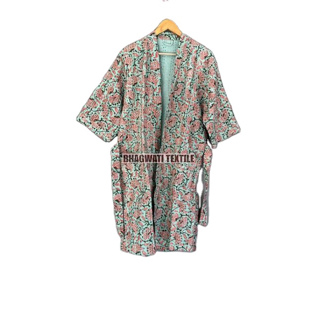 Unisex Cotton Bathrobe Short Length Kimono-Style Pajamas Handmade Kantha Design with Bamboo Sleepwear Gift for Women