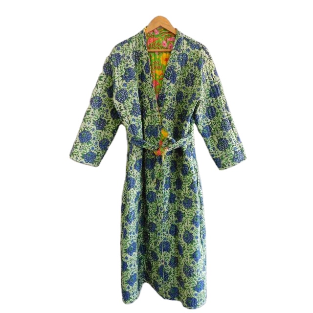 Indian Long Cotton Women Kimono Floral Block Printed Robe Maxi Gown House Bathrobe Elegant Women Evening Dress Summer Wear