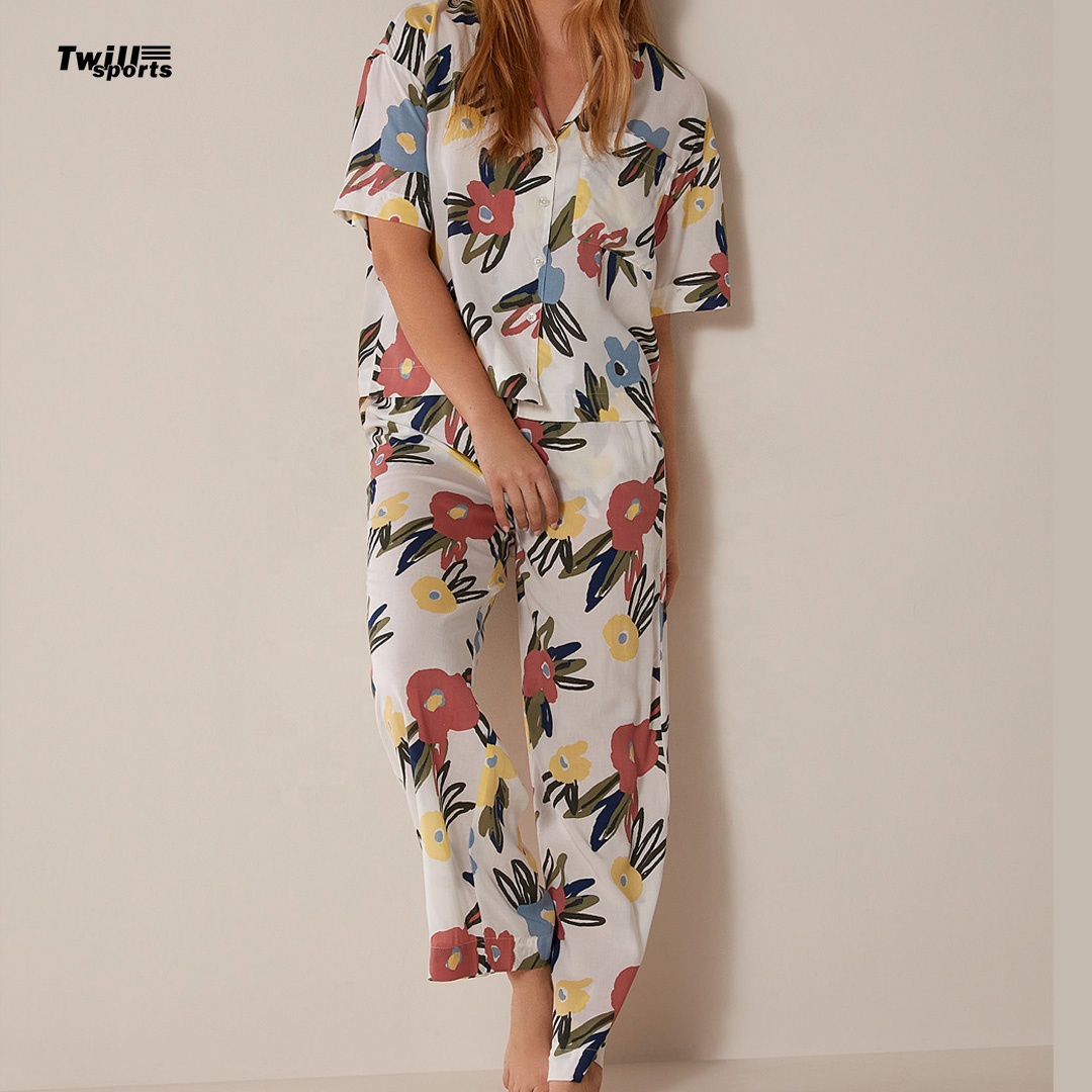 Wholesale Manufacture Customized Women's Long Sleeve 100% Cotton Pajama Set, Pajamas Sleepwear