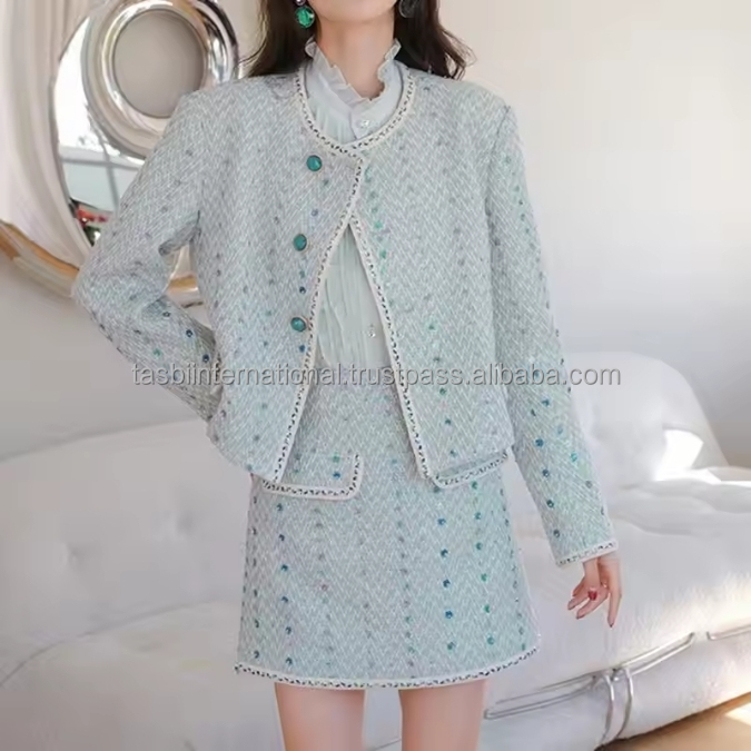 Spring New Luxury Sequin Embroidery Ladies Office Wear Skirt Suit Women Two Pcs Skirt Cotton Women's Sets