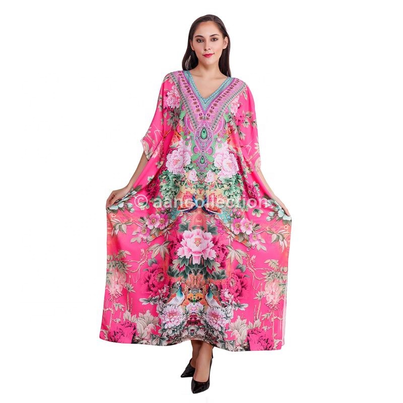 Long Pure 100% Silk Kaftan Maxi Dress Beach Cover Up Caftan Women&#39;s Plus Size Kaftans Boho Bohemian Bikini Coverup Fuchsia 500 