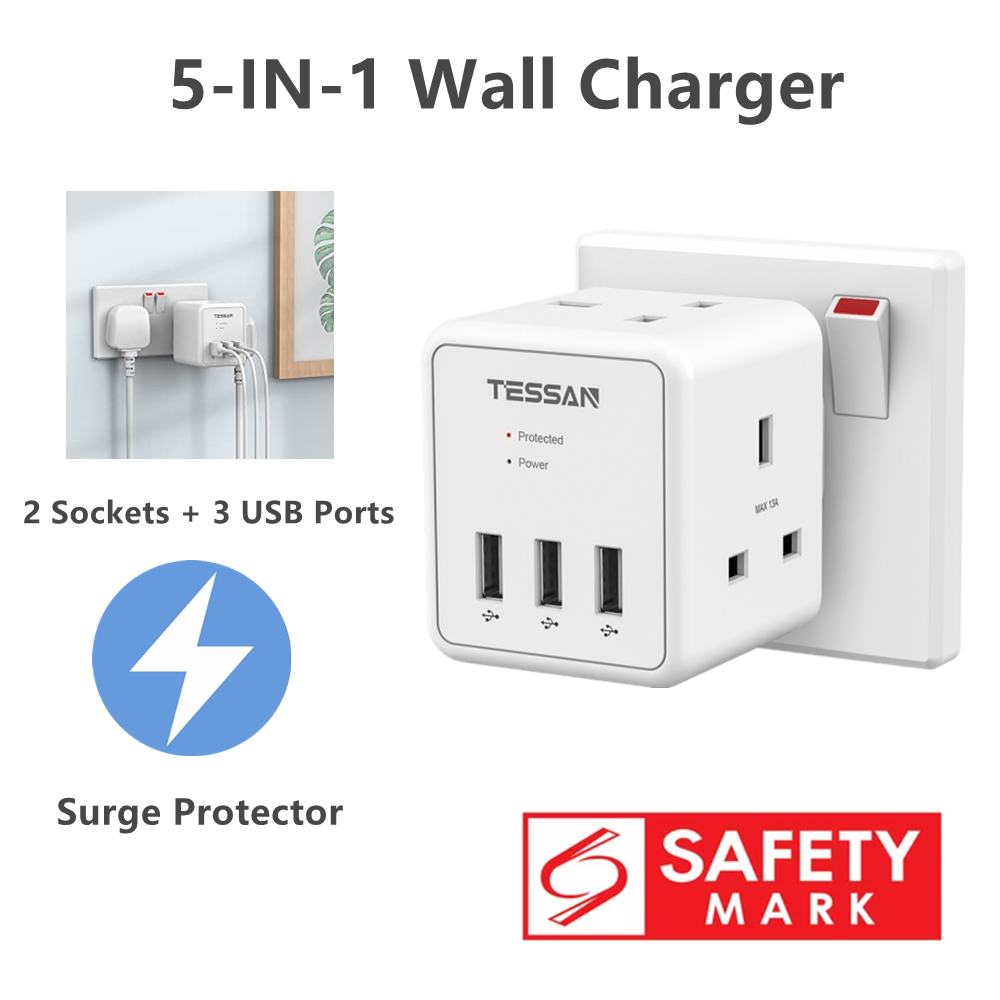 TESSAN USB Charger Double Plug Adapter 3 pin Plug Wall Socket with Safety mark , 2 Charger Surge Protector 13A Cube Multi Plug Extension USB Socket,USB C Charger Power Socket Extension USB Adapter Plu