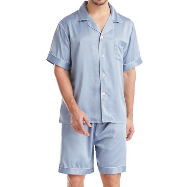 Mens Satin Silk Pajamas Suit Casual Male Sleepwear Lounge Wear Two Piece Set Short Sleeve Shirt And Shorts Homewear 