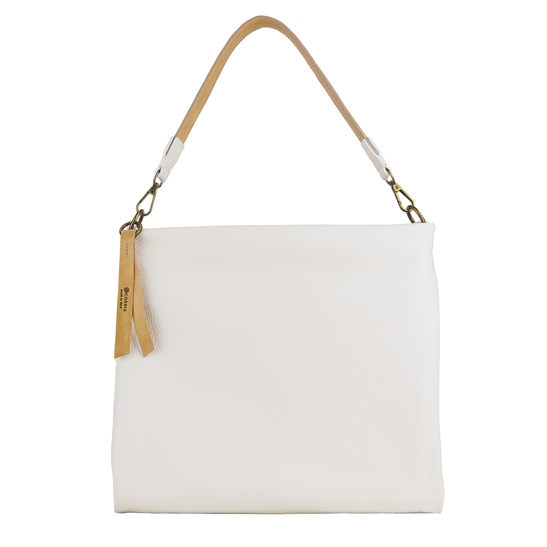 100% Made In Italy - White And Camel Satchel Casual Shoulder Handbag Genuine Leather Bags For Ladies 