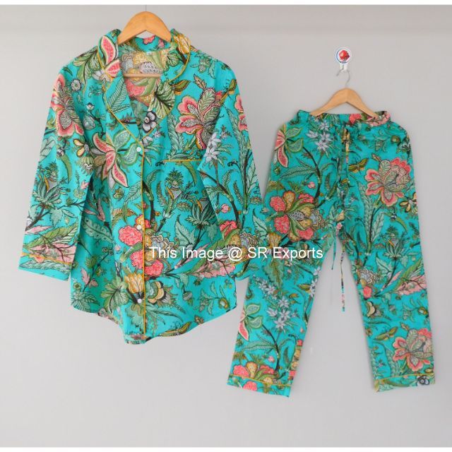 Cotton Fabric Women PJ Sets Indian Summer Casual Bridesmaid Sexy Pajamas Shirt Sets Block Printed Sleepwear Dress Matching Dress