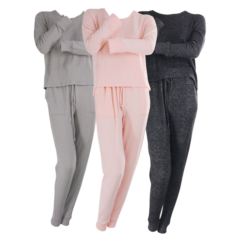 Soft Knit Fashion 2 Piece Lounge Wear Set Pajama Long Sleeve Loungewear Drawstring Waist Sleepwear For Women 
