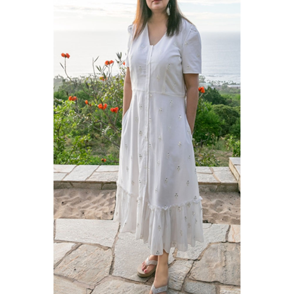 Women's Summer Organic Cotton Stylish Silk Midi Dress Silver Foil Motif &amp; Delicate Ruffles Private Labelled 
