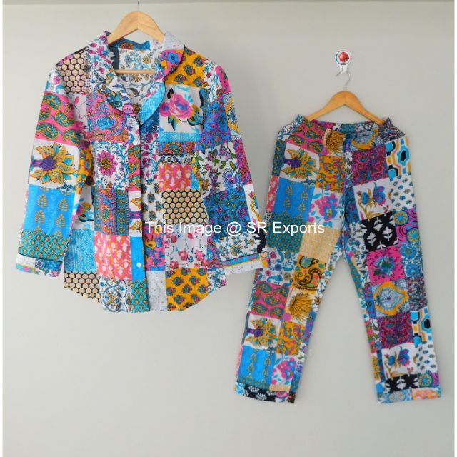 Spring Casual Floral Printed Women Shirts Pajamas Dress Handmade Bohemian Style Summer Casual Sleepwear Set Night Suit Dress