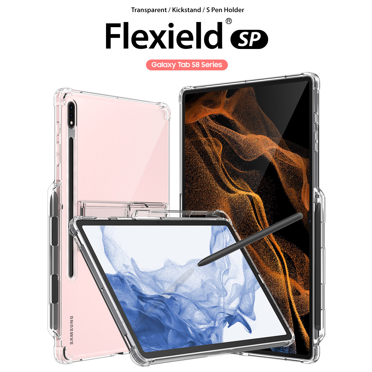 Samsung Galaxy Tab S8 / Ultra / Plus / S7 FE / A8 / A7 / A7 Lite - Flexield Shock Resistant Case SP Pen Holder Corner Bumper Camera Protection Impact Screen Full Coverage Casing Clear Kickstand Transp