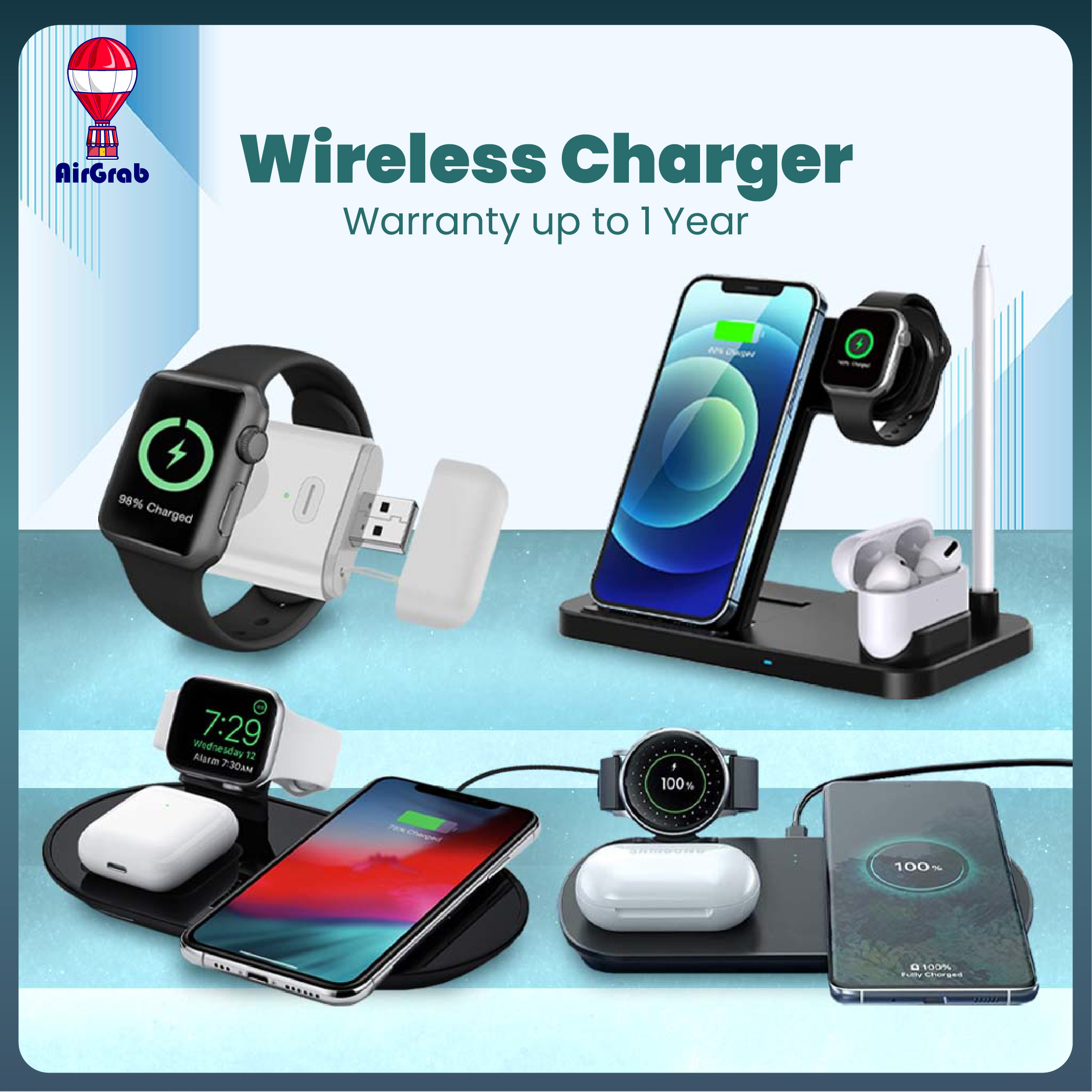 Wireless Charger Station 4 in 1 / 3 in 1 Qi-Certified Fast Charging Portable for Apple Watch, IPhone, Stylus Pen, Samsung, Air pods, Qi Supported Device [SG Seller]