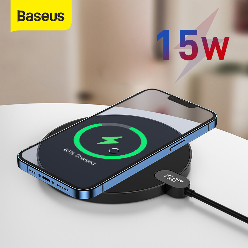 Baseus 15W Wireless Charger For iPhone 13 Samsung XiaoMi LED Display Desktop Wireless Charging For Airpods Charger