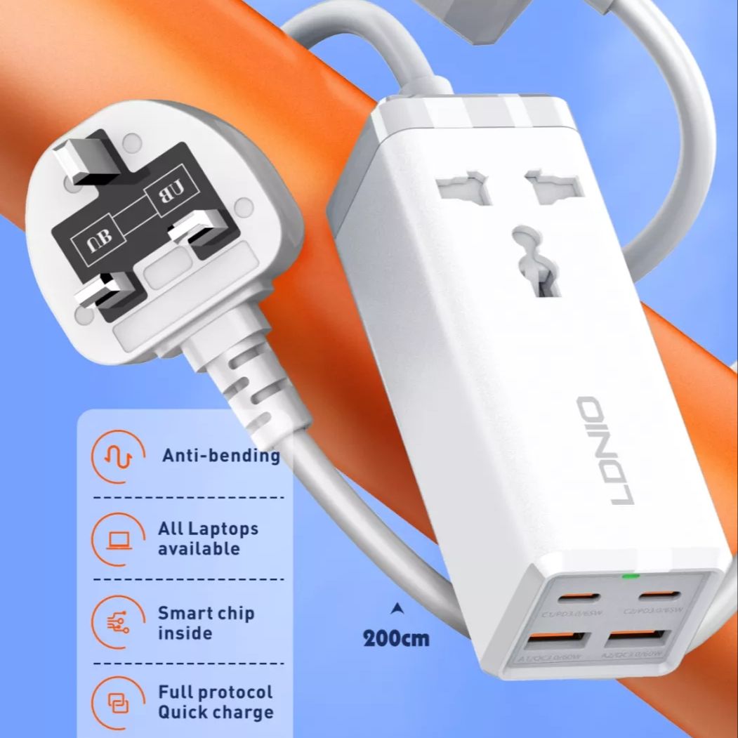 LDNIO 65W MAX USB Wall Charger with Universal Outlet Power Strip Extension Socket with USB C 2500W Travel Adapter Fast Charger PD & QC 3.0 Singapore UK Plug 2 Meter Cable