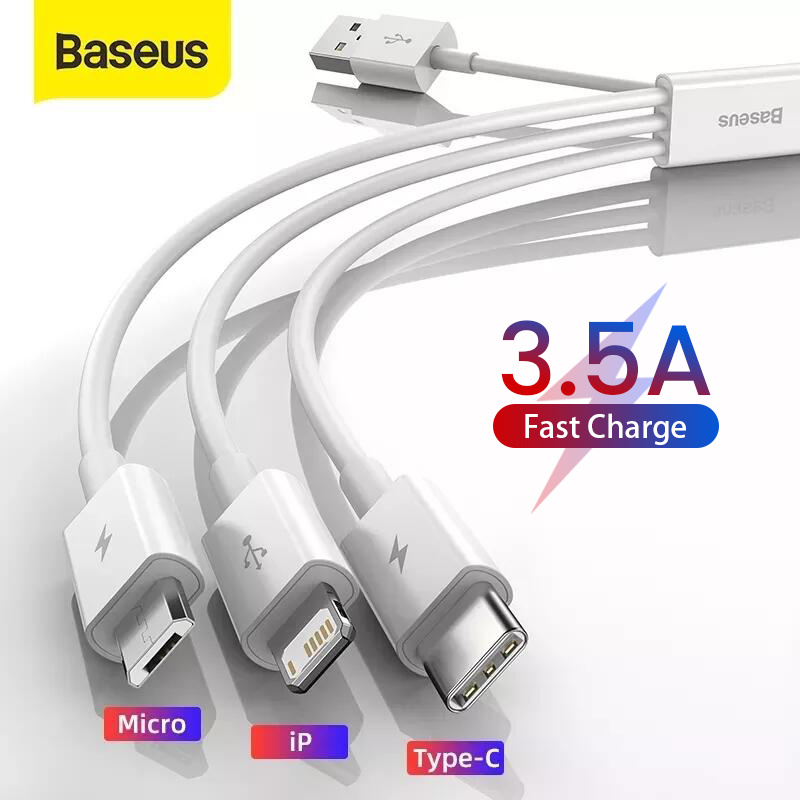 Baseus 1.5m 3.5A Fast Charging 3 in 1 USB Cable Micro+ Type+ iPhone Charger Cable For iPhone 13 Pro Max 12 Xiaomi Redmi Samsung USB Data Cord