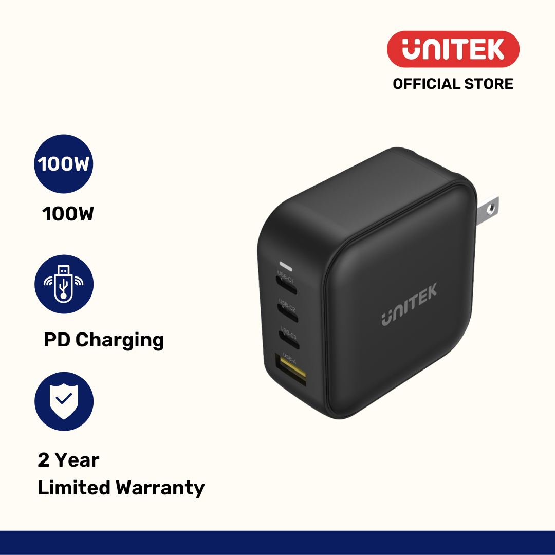GaN 4 Ports 100W Charger with USB PD and QC 3.1 Unitek P1112ABK Black / White