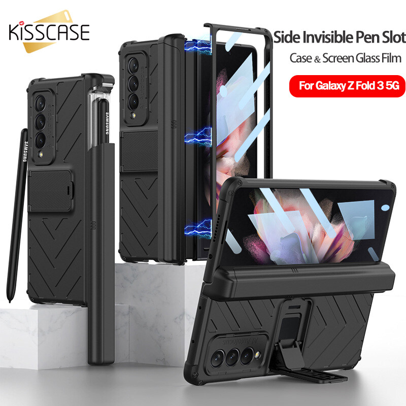 【With Screen Film】KISSCASE Magnetic Armor Slide Cover Invisible Pen Slot Shell Film Integrated For Galaxy Z Fold 4 Case Hinged Bracket Hard Case Built-in Screen Protector Shockproof Holder Stand Phone