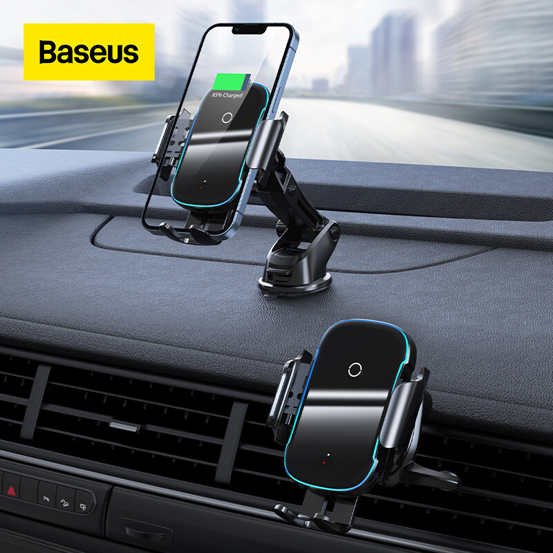 Baseus Wireless Car Charger 15W Qi Fast Charging Auto-Clamping Car Phone Holder Air Vent Dashboard Car Long Arm Suction Cup Phone Holder for iPhone Samsung