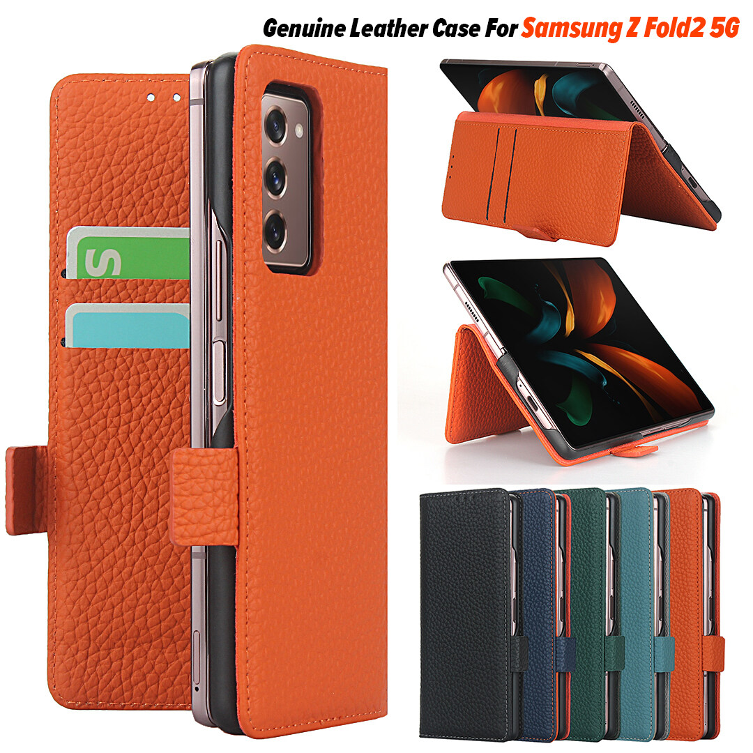 Genuine Leather Flip Case For Samsung Galaxy Z Fold 2 5G Luxury Premium Litchi Texture Leather Classic Wallet Case with Cards Slots Phone Cover Casing