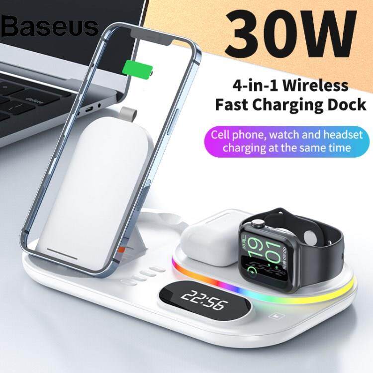 Baseus A06 4 in 1 Mobile Phone Fast Wireless Charger Multi-functional Charging Dock with Clock Display/RGB Light?24hrs ship out?