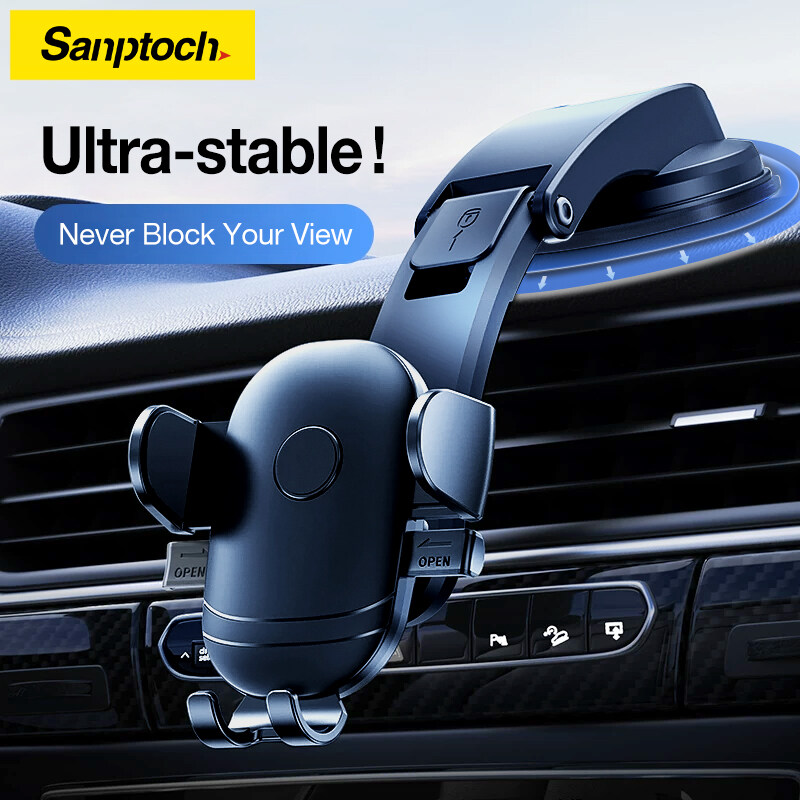 Sanptoch Car Phone Holder Strong Suction Cup Folding Arm 360 Adjustable Stand For Car Dashboard Windshield Air Vent Mount Compatible With All iPhone Android Smartphone