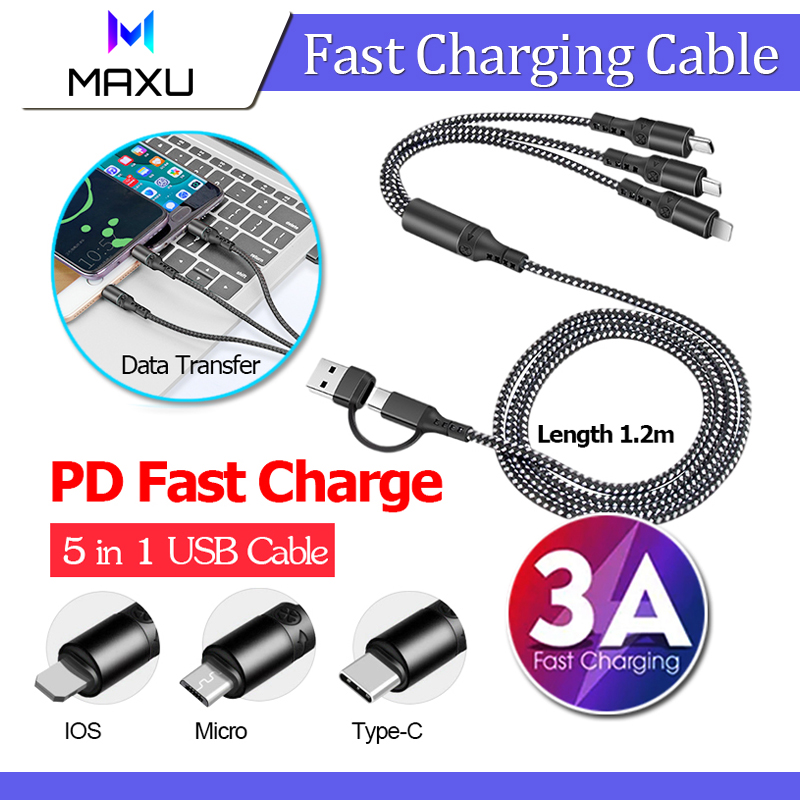 Fast Charging Cable 3 in 1 3A PD IOS USB Type-C Cable Mult Charging Cable for iPhone Samsung Huawei Xiaomi Android