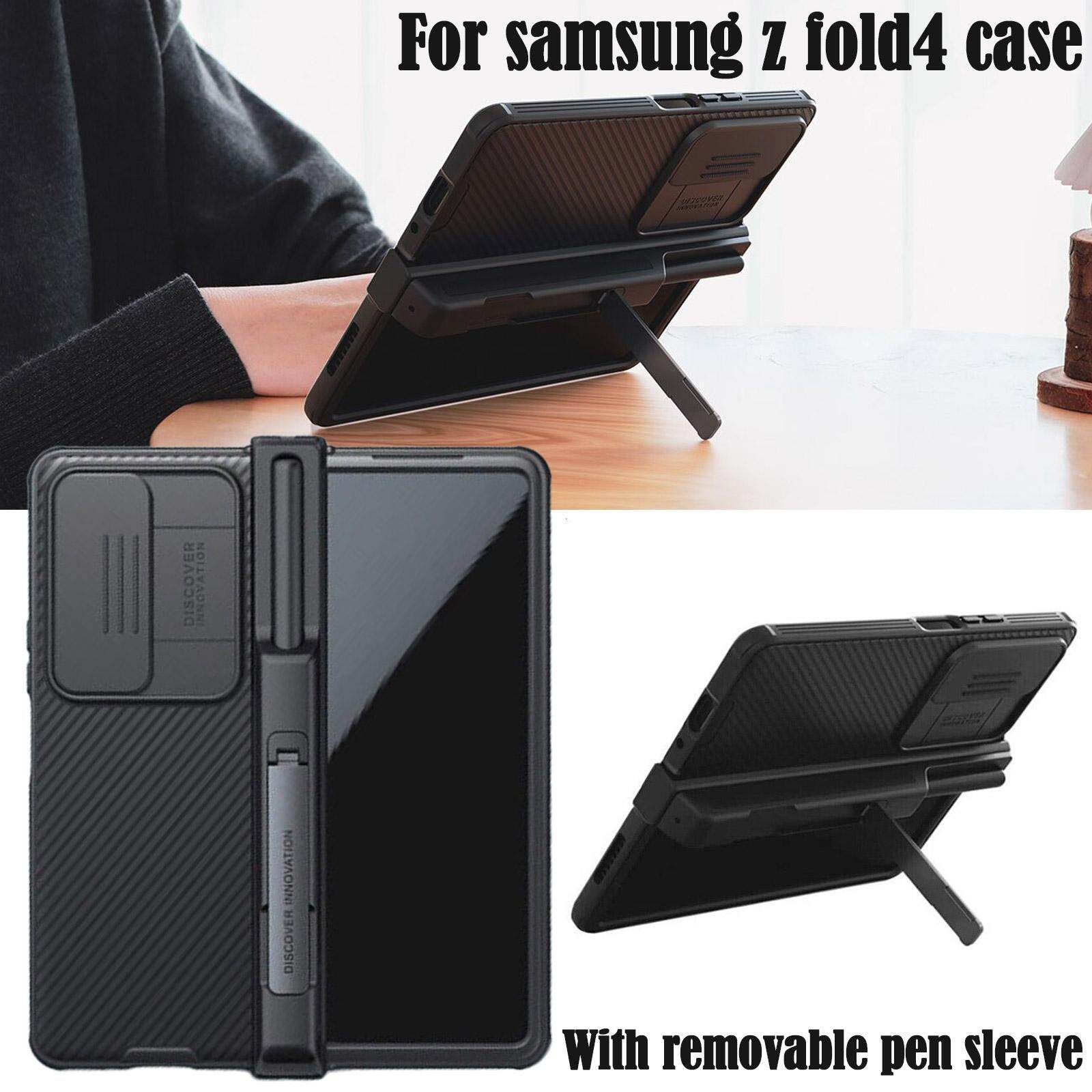 Samsung Z Fold 4 5G Phone Case Lens Protection Anti-peeping with Pen Sleeve Built-in Stand (Not including S Pen)