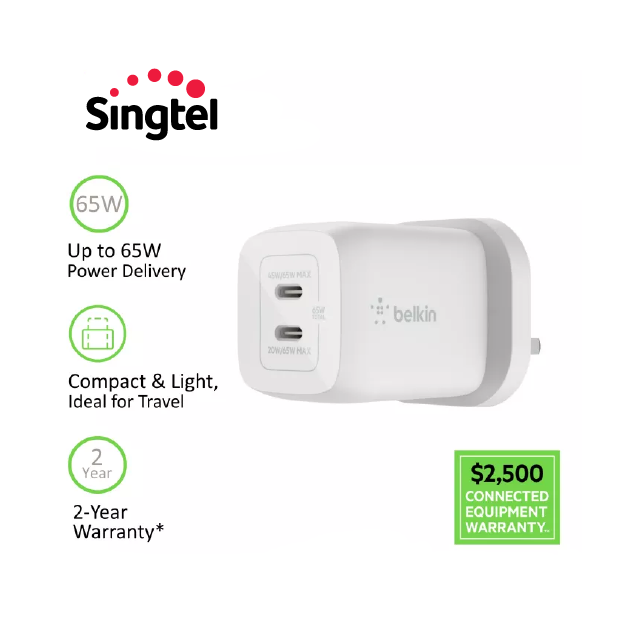 Belkin WCH013myWH BoostCharge PRO Dual USB-C® GaN Wall Charger with PPS 65W (iPhone, Samsung, Android phones, laptop, macbook)