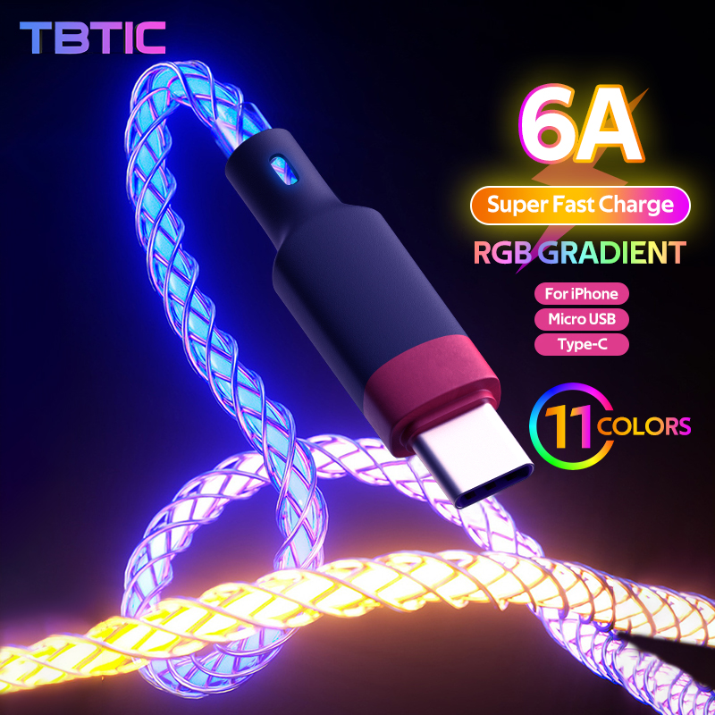 LED 6A USB Type C Cable Micro USB Fast Charging Plastic Head For iphone 13 Huawei Android Phone Charger For Xiaomi Samsung Type C Cable Micro USB Data Line
