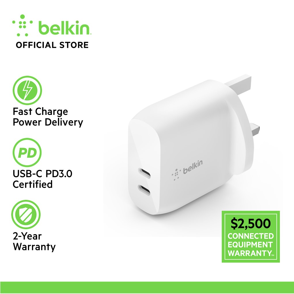 Belkin WCB006myWH BoostCharge Dual USB-C PD Wall Charger 40W