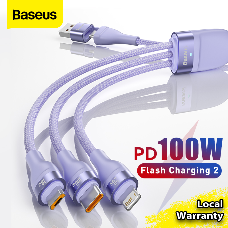 Baseus 3 in 1 USB Type-C Cable PD 100W Fast Charging Cable Flash Series 3 in 2 USB+Type-C to MicroUSB+Lightning+Type-C 100W for iPhone Samsung Huawei Xiaomi tablets laptops