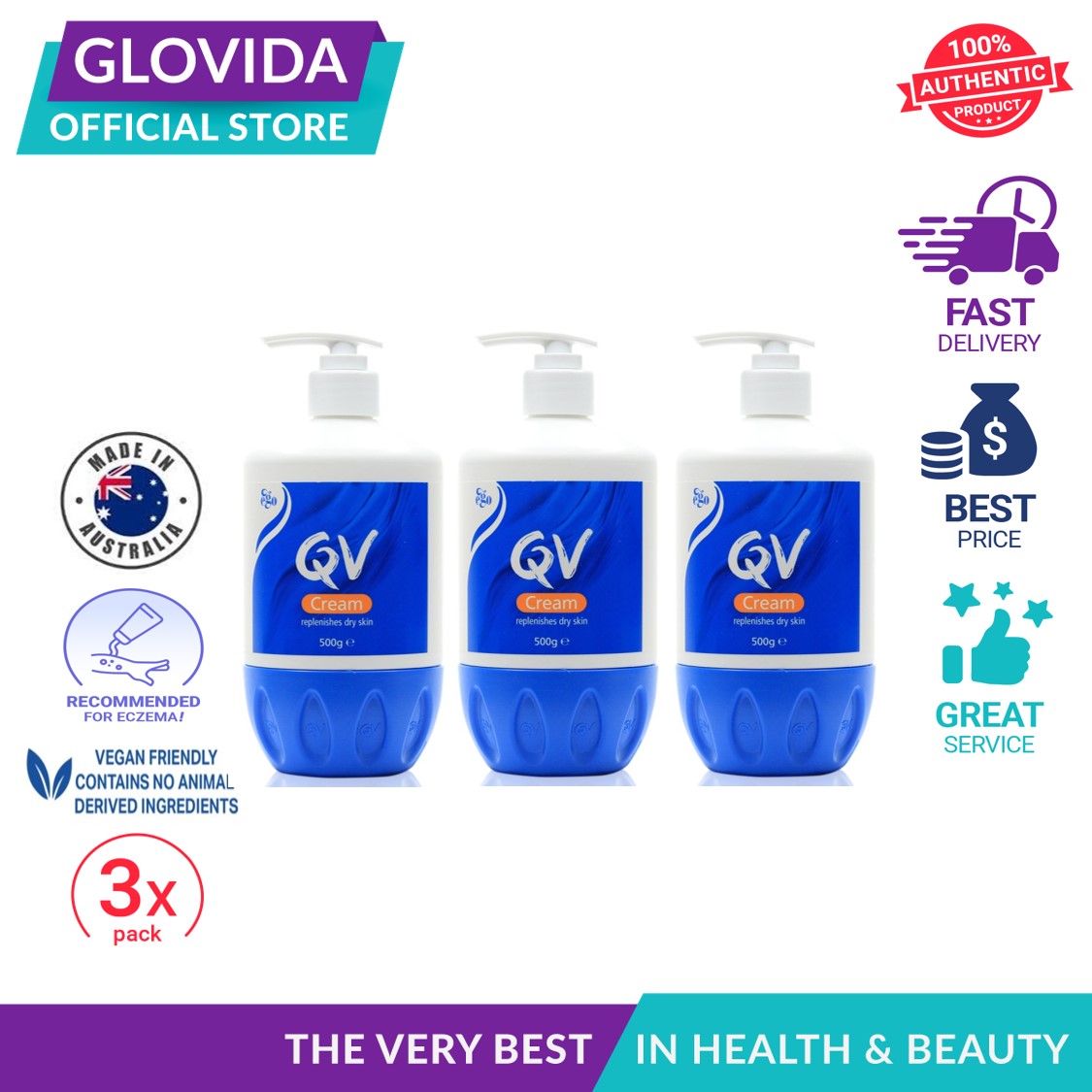 [3-PACK] Ego QV Cream Pump 500g, Direct from Australia