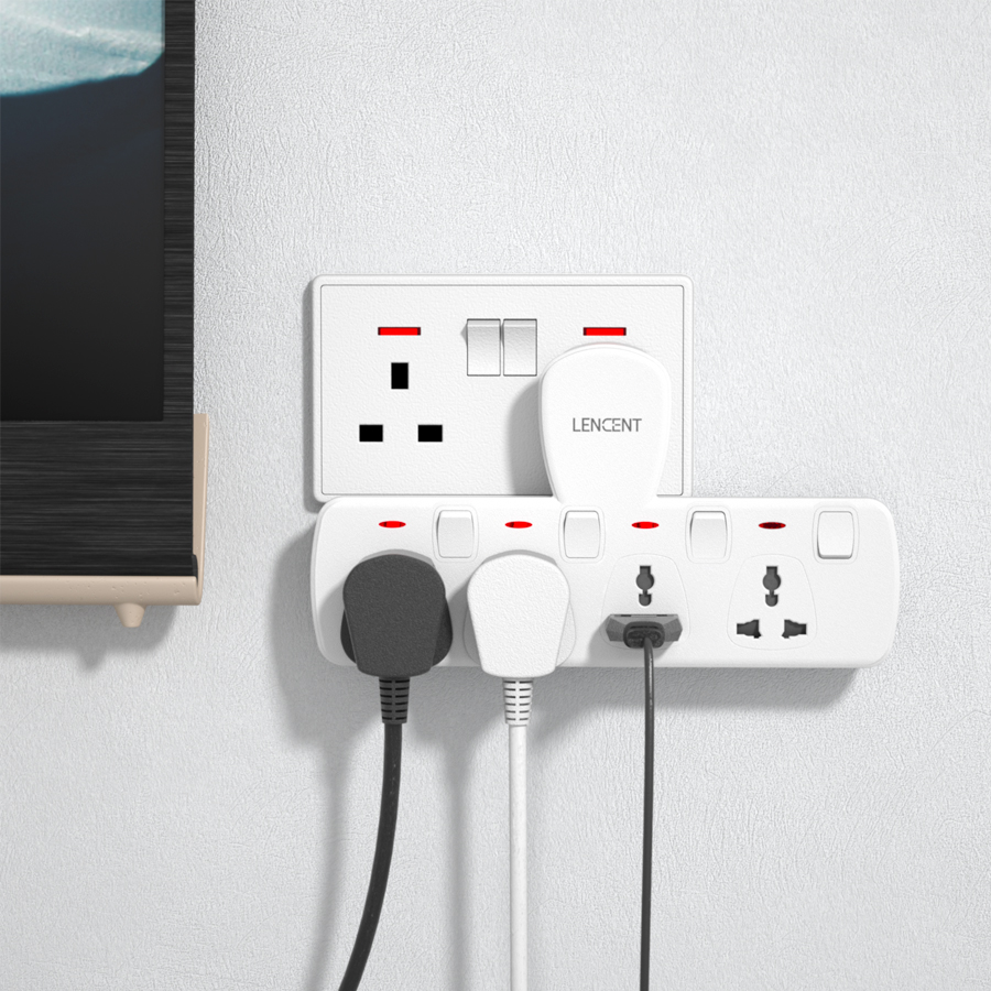 Lencent 3/4/5 Way Universal Plug Extension Wall Plug with Individual Switches, 4 Outlets, 5 in 1 Multi Plug Outlet, Power Plug Adapter, Multiple Socket Charger Extension for Home, Office, Travel